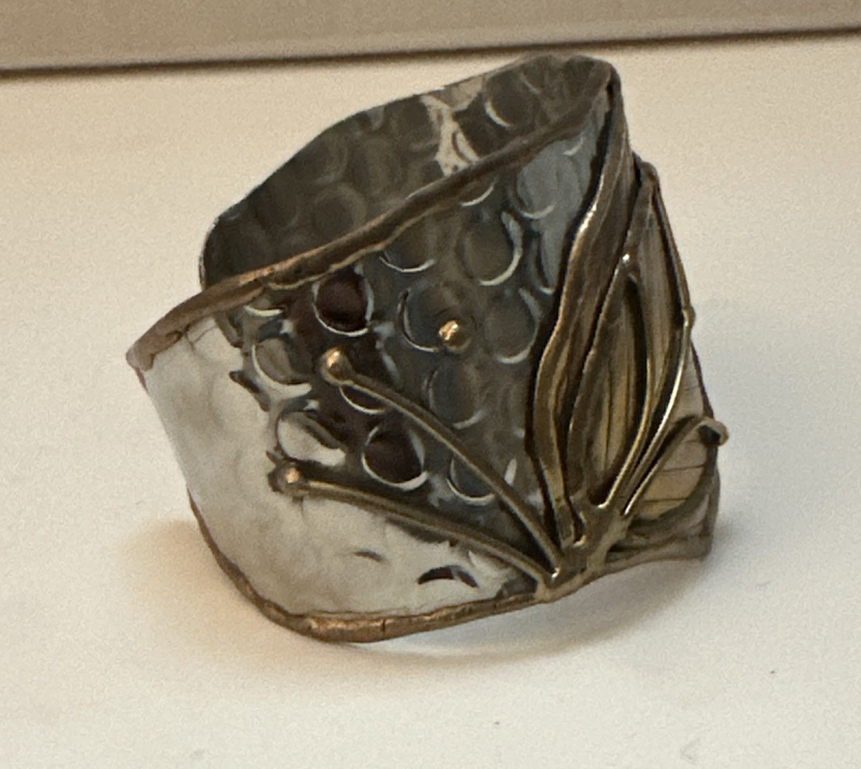 Artisan Leaf Cuff Bracelet Stainless Steel Brass Copper Mixed Metals Boho Chic