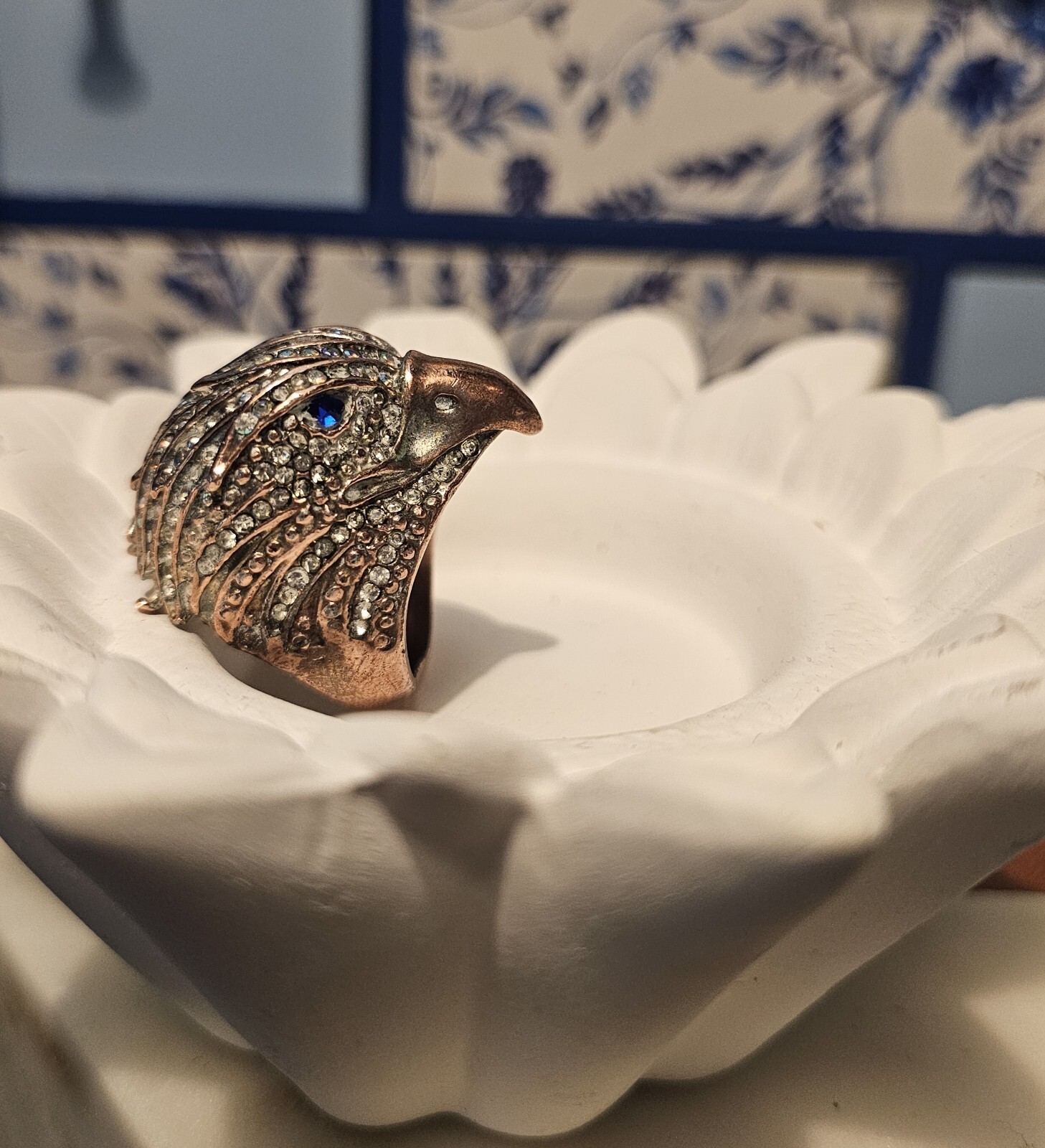 ST & Crystal Eagle Ring W/ Blue Sapphire Rhinestone Eyes, Aurora Borealis Crown
