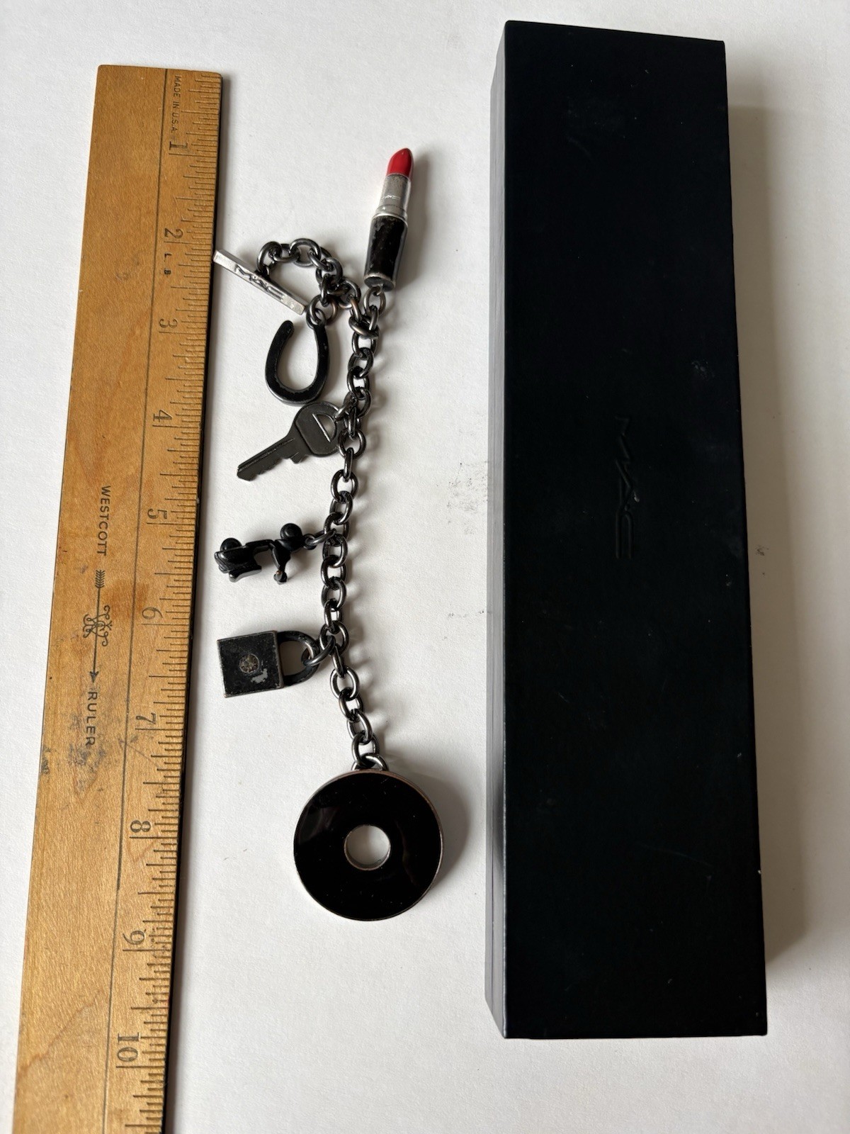 Vintage MAC Charm Bracelet Lipstick Black Signed Key Employee Only Collectibles