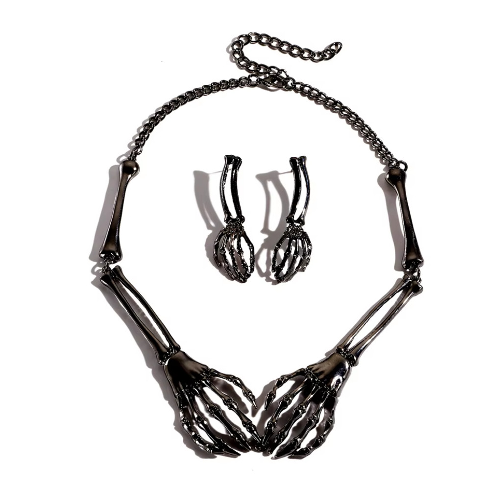 Halloween Skeleton Hand Necklace Earrings Set – Gothic Punk Jewelry for Women