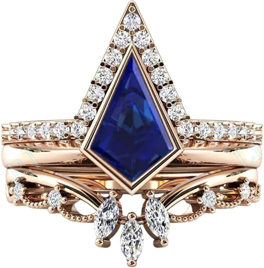 Kitecut Blue Sapphire Gemstone Antique Unique Bridal Engagement Ring SetforWomen