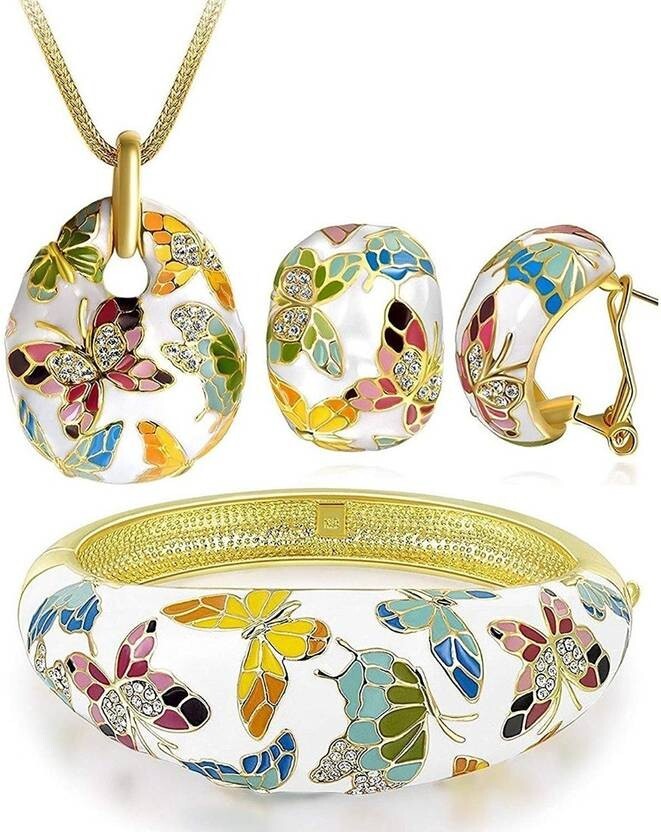 Colorful Butterfly Pendant Necklace and Earrings Set Gold Plated Enamel Jewelry
