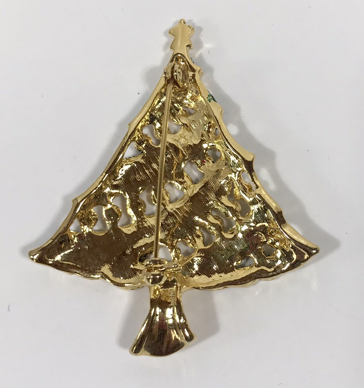 Christmas Tree Brooch Pin Gold Tone Green Sparkles Red Ornaments 2.25 Inches
