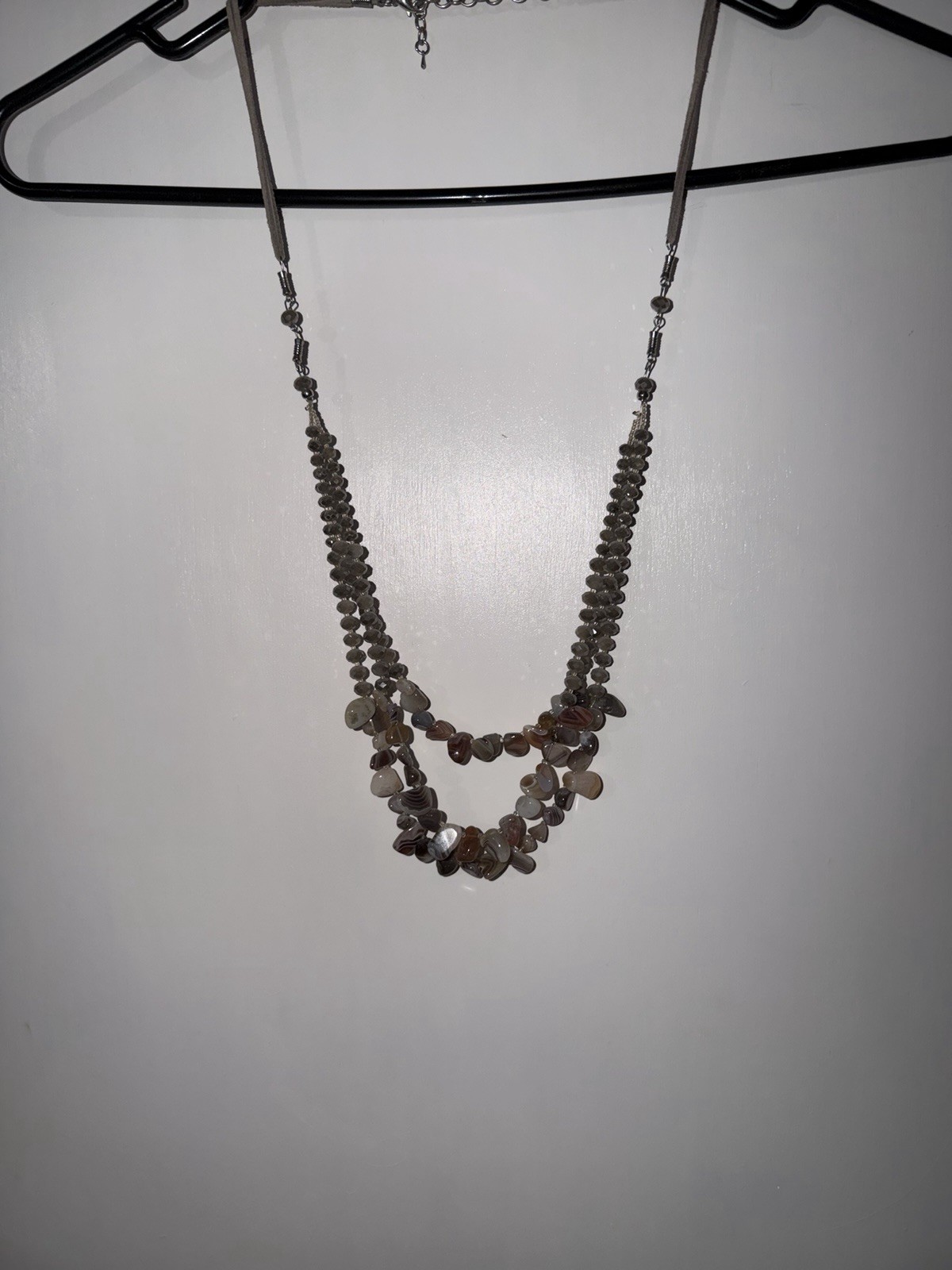 Layered Beaded Stone Necklace Gray Brown Beige Lobster Clasp Irregular Shape