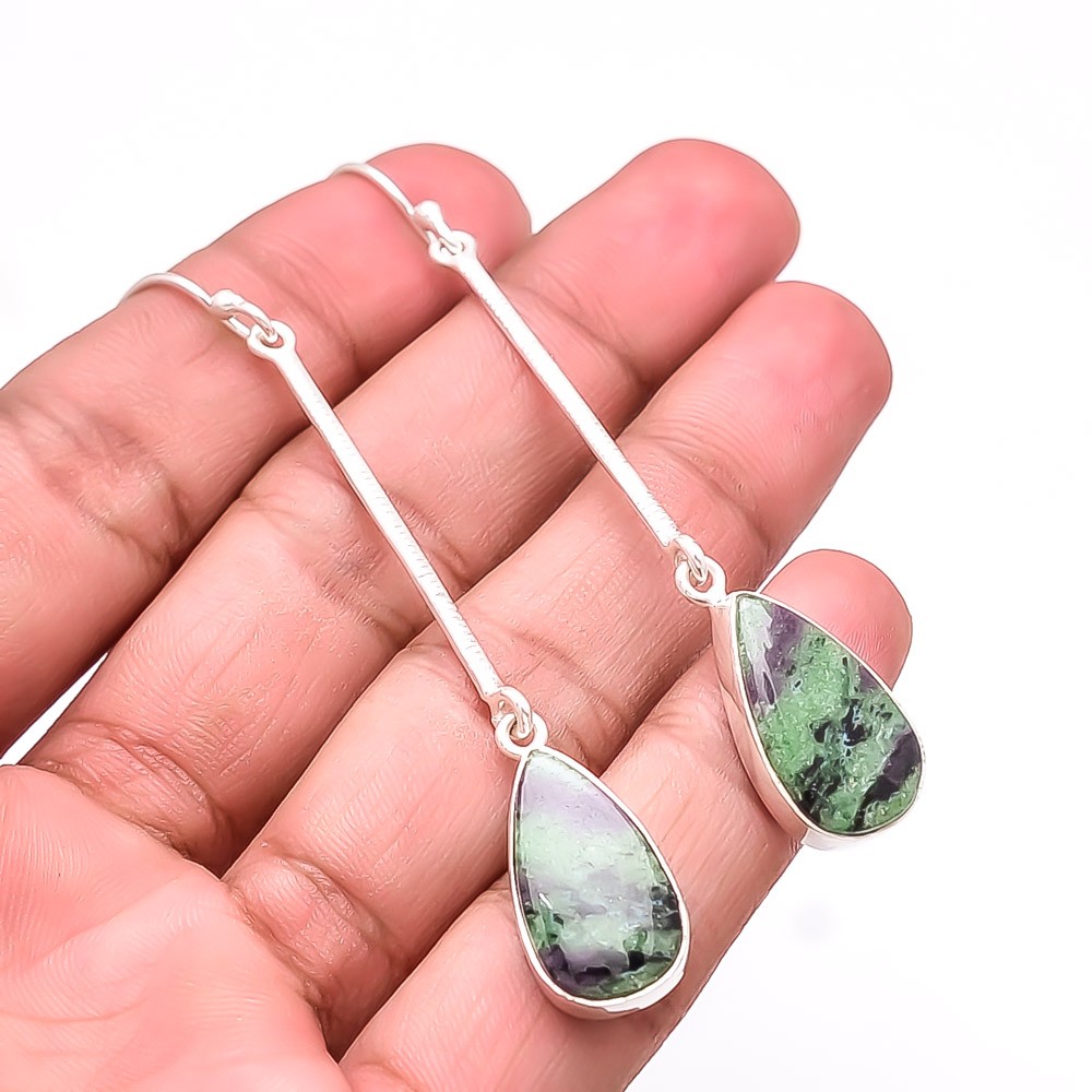 Natural Ruby With Zoisite – Tanzania 925 Sterling Silver Earring 3.00″ Sku14