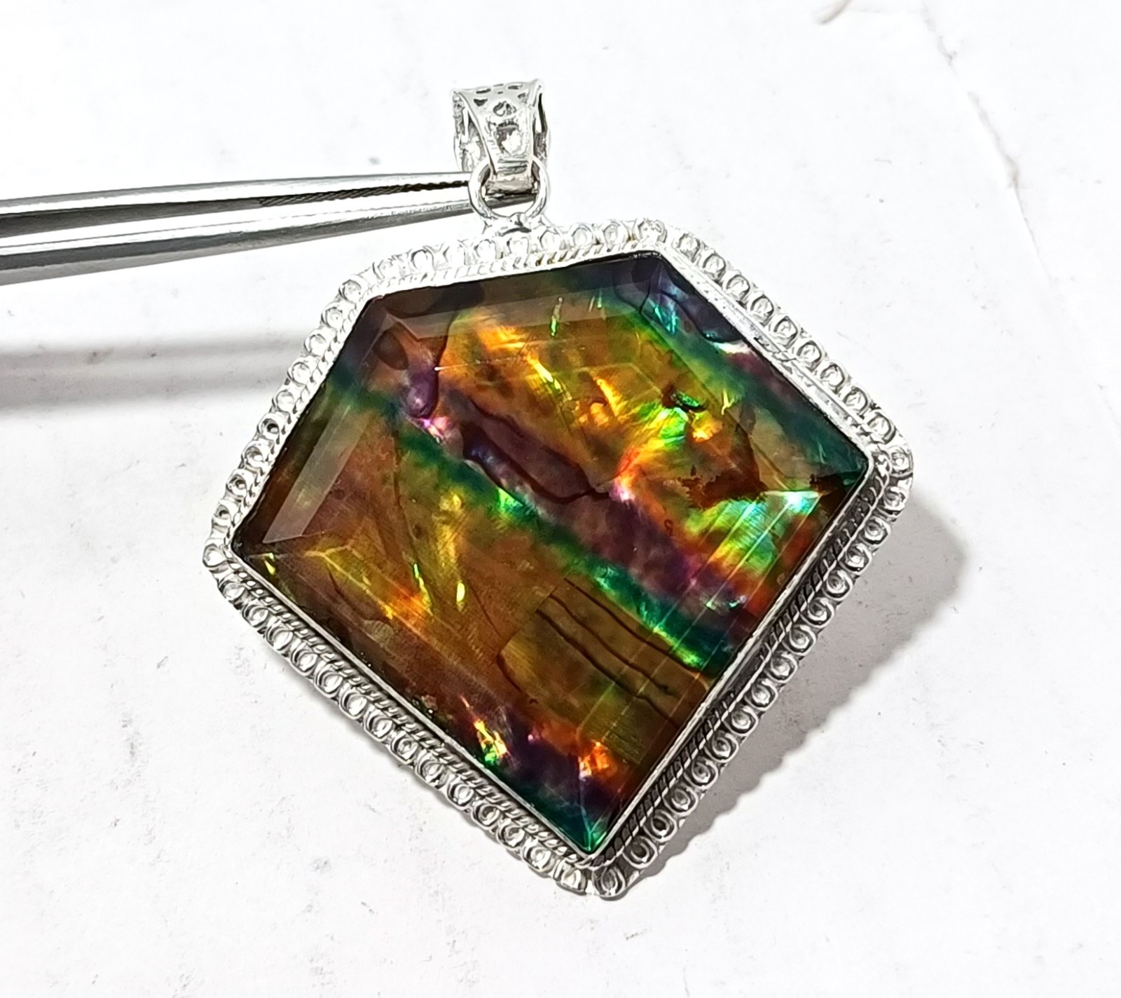 107.50 Ct Natural Ammolite 925 Solid Silver Rainbow PENDANT Certified Gemstone