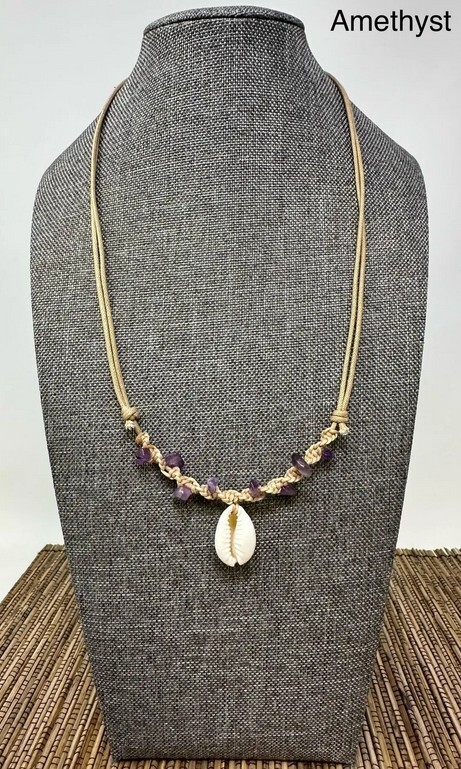 Adjustable Cowrie Shell Necklace Gemstone Beads – Turquoise, Tiger’s Eye, Amethy