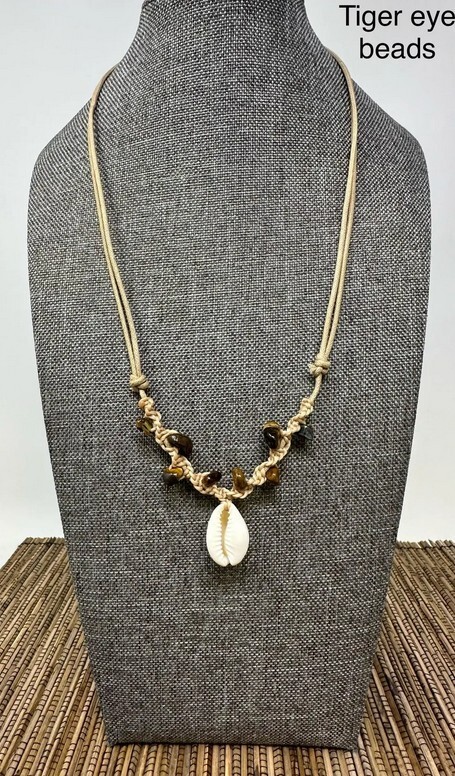 Adjustable Cowrie Shell Necklace Gemstone Beads – Turquoise, Tiger’s Eye, Amethy