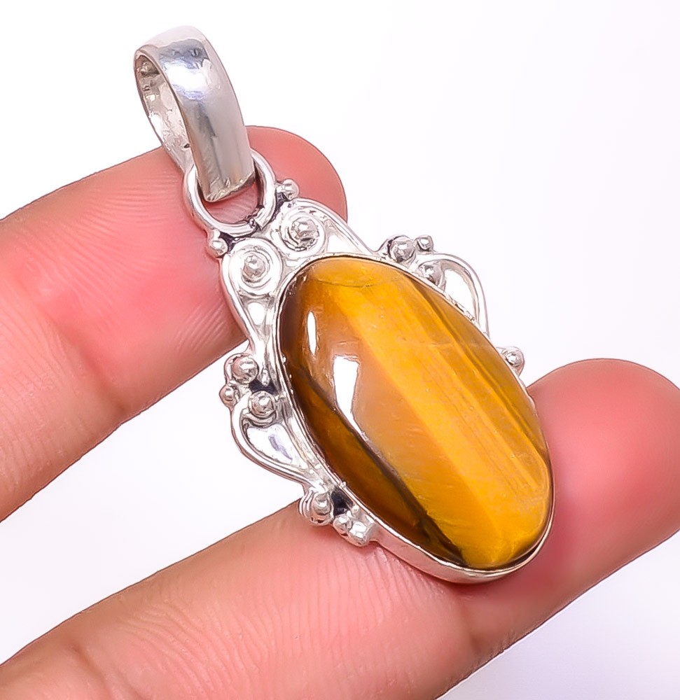 Natural Yellow Tiger Eye – South Africa 925 Silver Plated Pendant 1.79″ F2539
