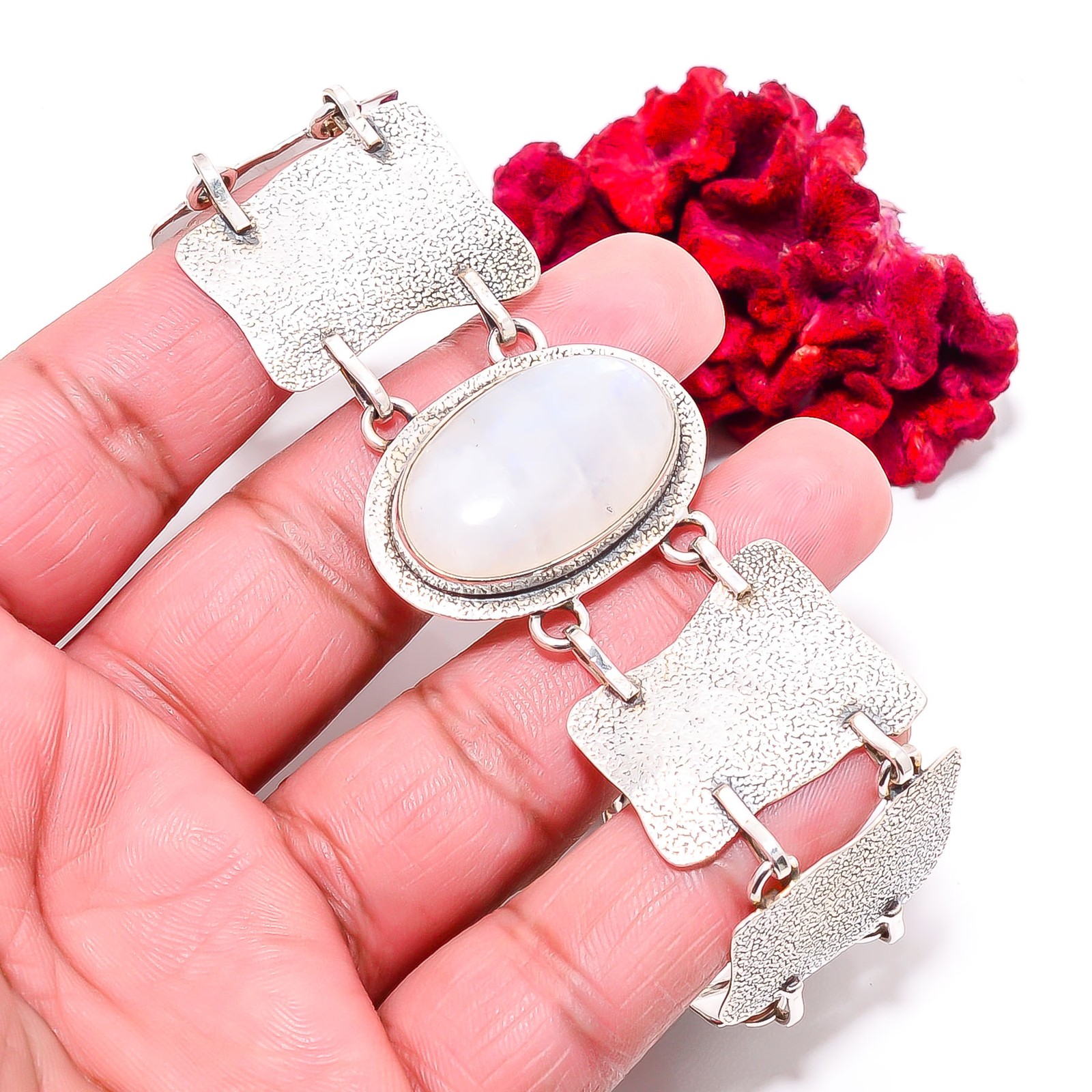 Moonstone – Sri Lanka 925 Sterling Textured Silver Bracelet 8.99″ B84372