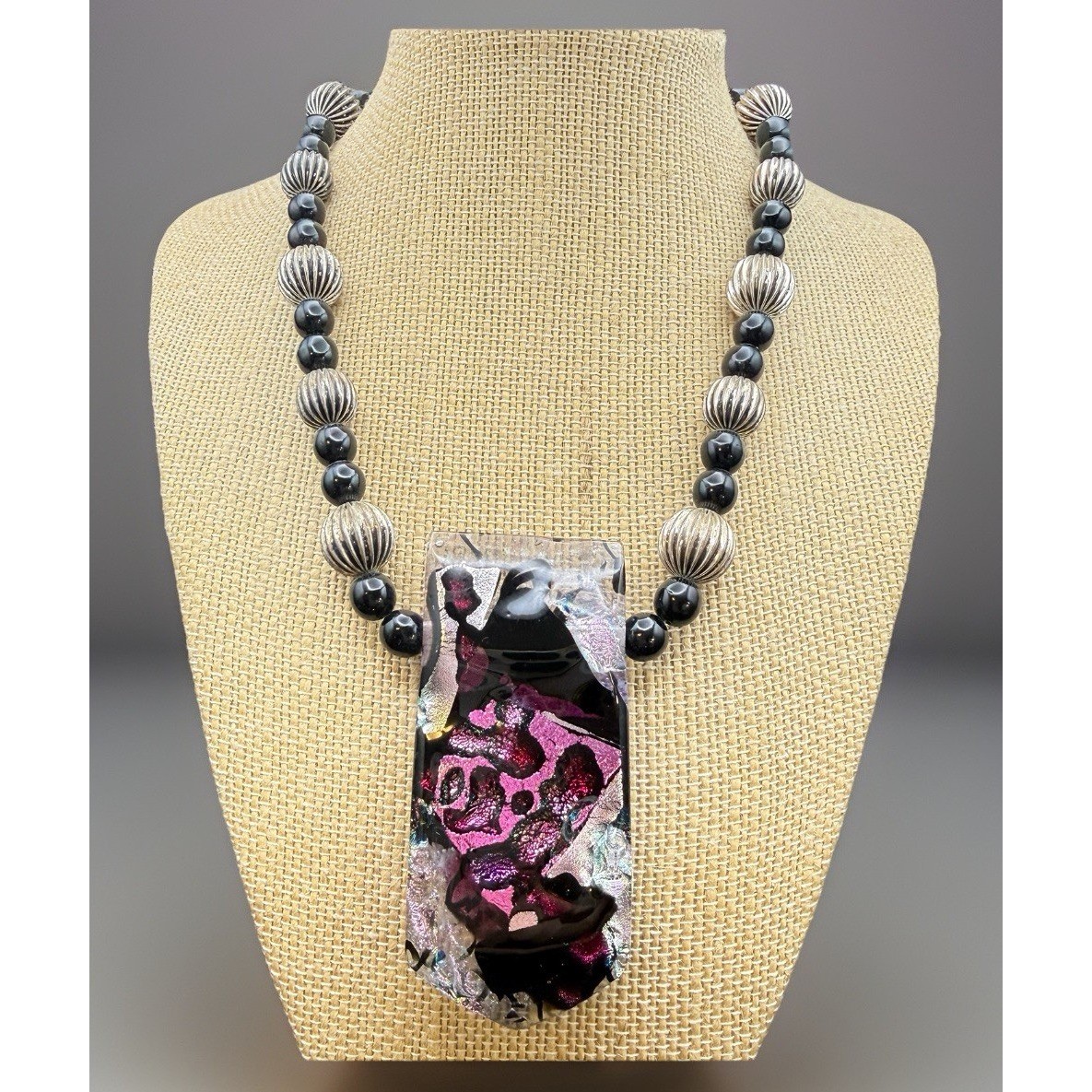 Dichroic Art Glass Pendant Necklace Black Beads Silver Ribbed Statement 19″