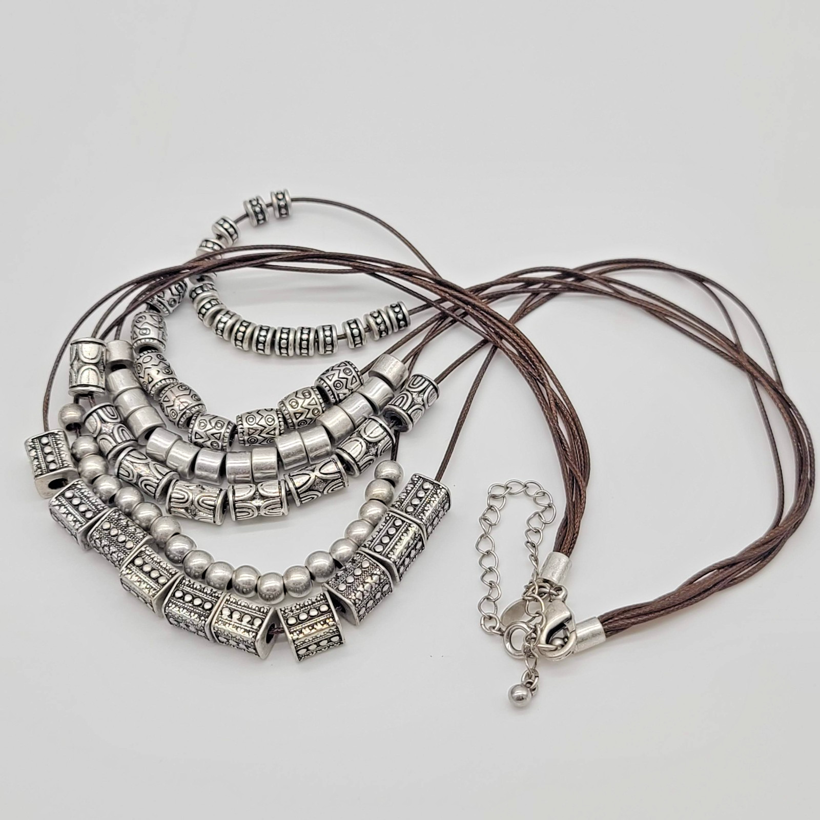 Premier Designs STYLE CENTER Necklace Silver Beads on Brown Cord 16 to 20″