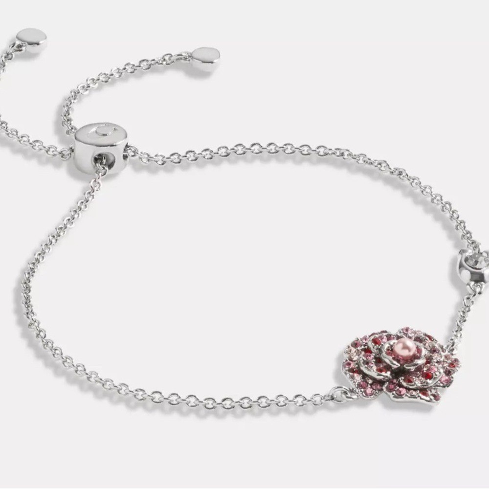 NWT Coach Silver Bracelet with Pink Flower Accent