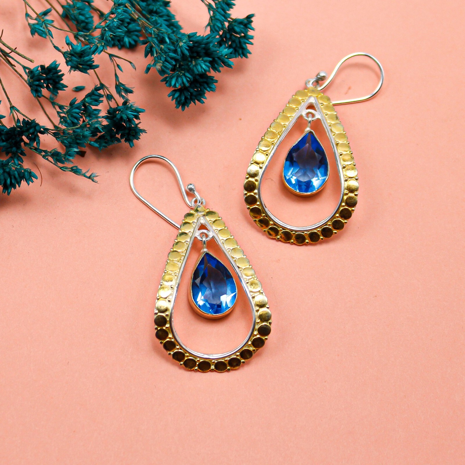 925 Silver Swiss Blue Topaz Gemstone Earrings Handmade Jewelry 2.27″ For Gift’s