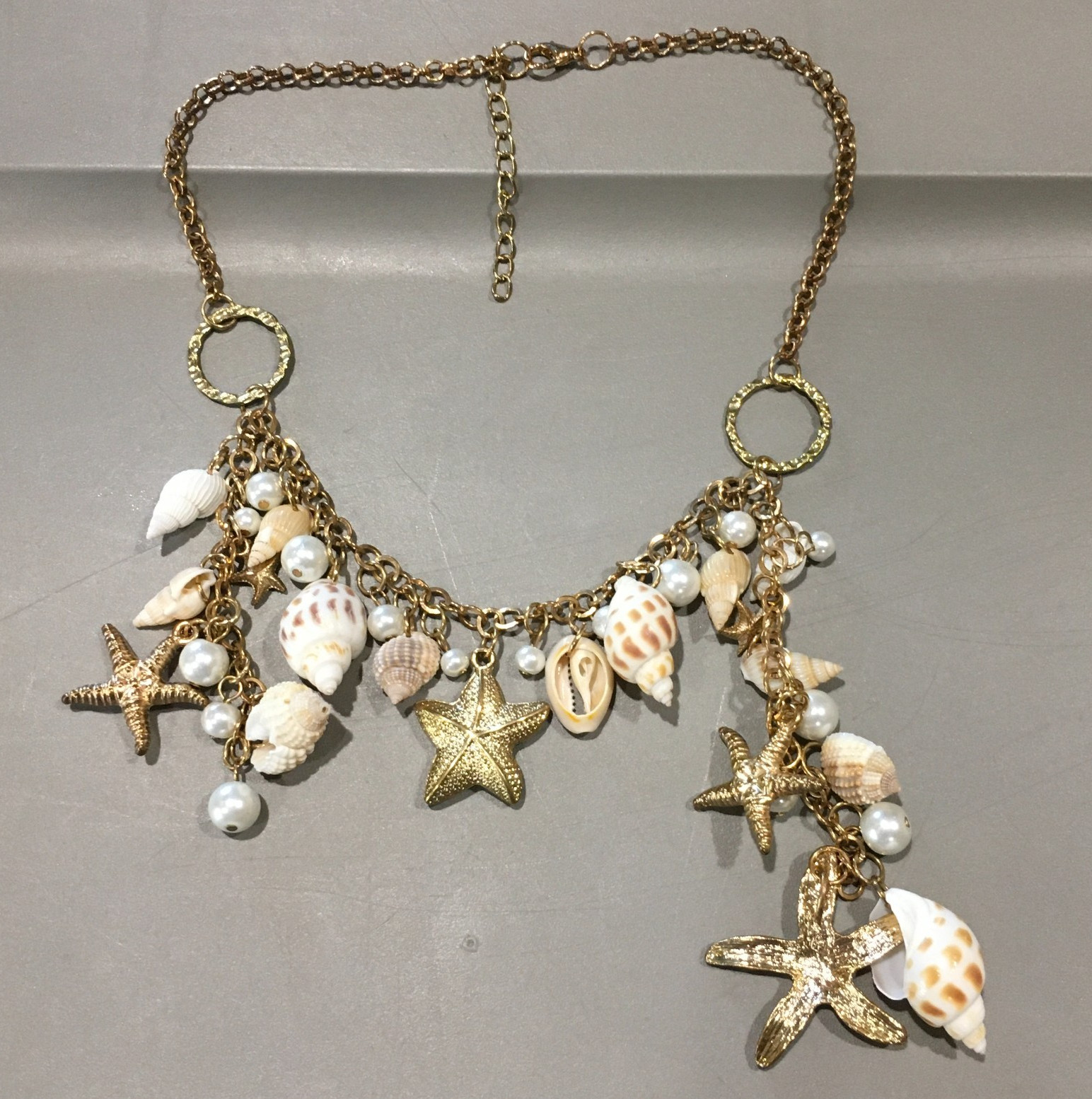 Shell Charm Pendant Necklace Beachy Nautical Coastal Gold Tone Necklace