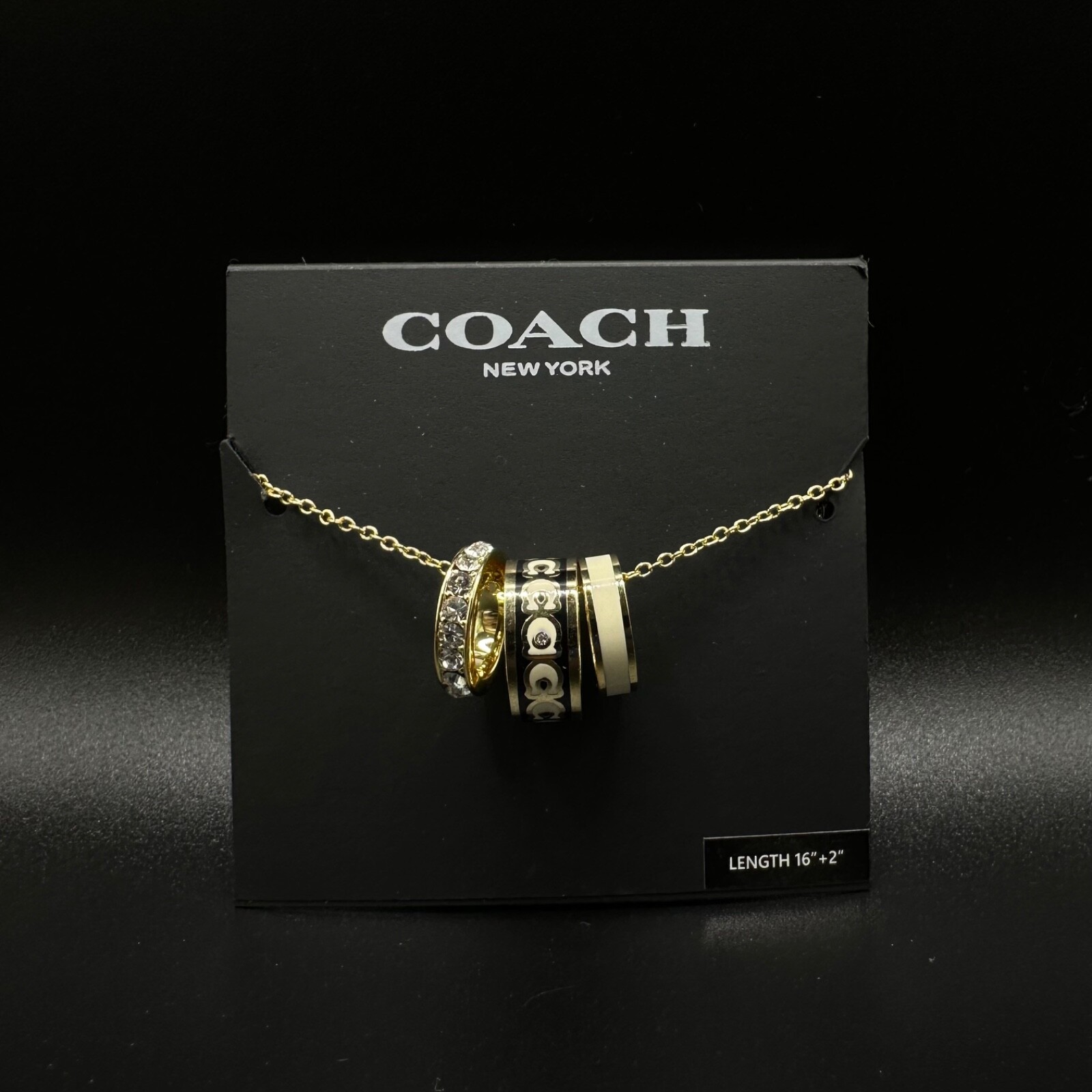 Coach Monogram Black Enamel Gold Ring Charm Necklace | Giftable, New | Packaging