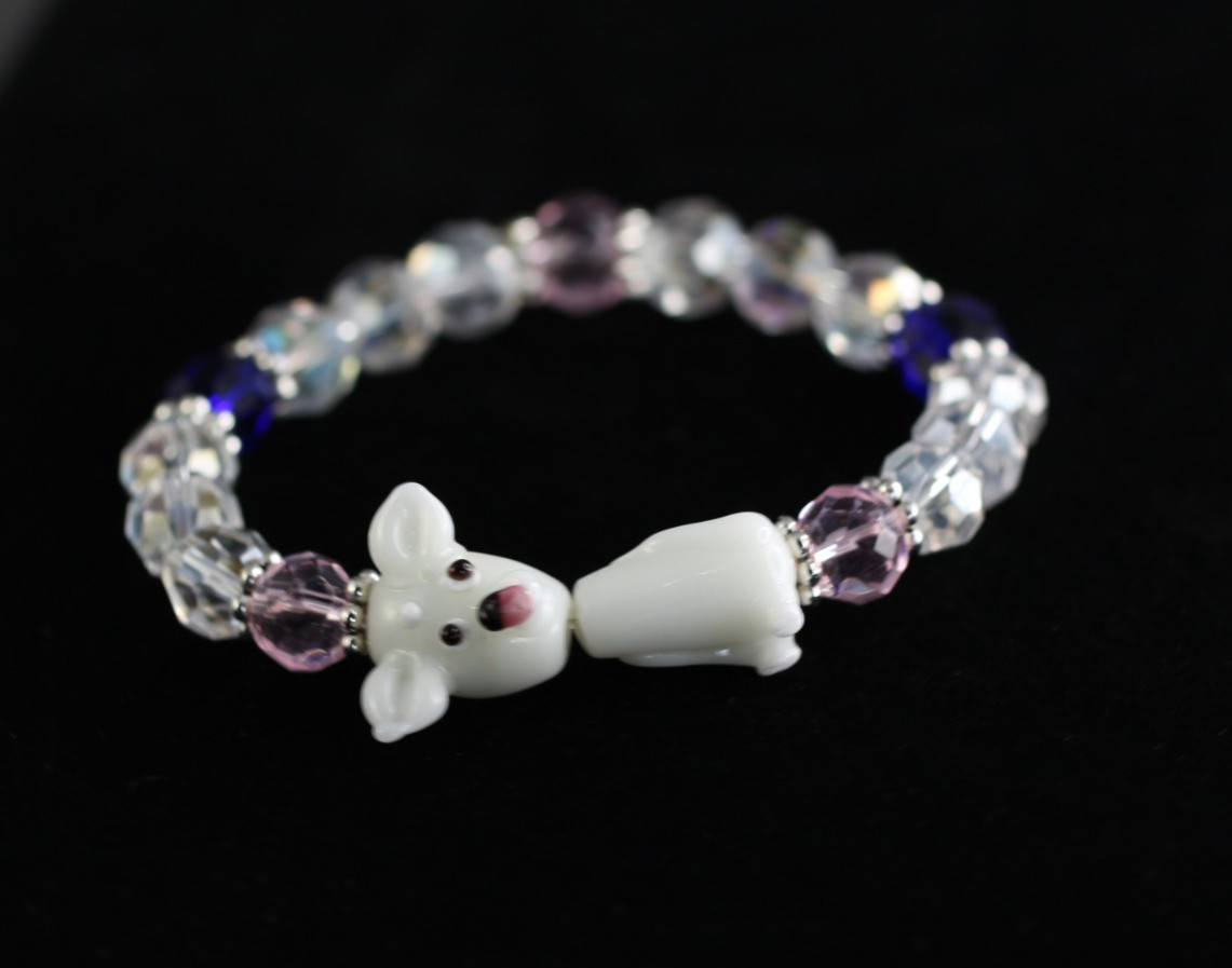 Dog Bracelet White Lampwork 7″ inch Elastic Glass Beads 10mm Pink & Blue Crystal