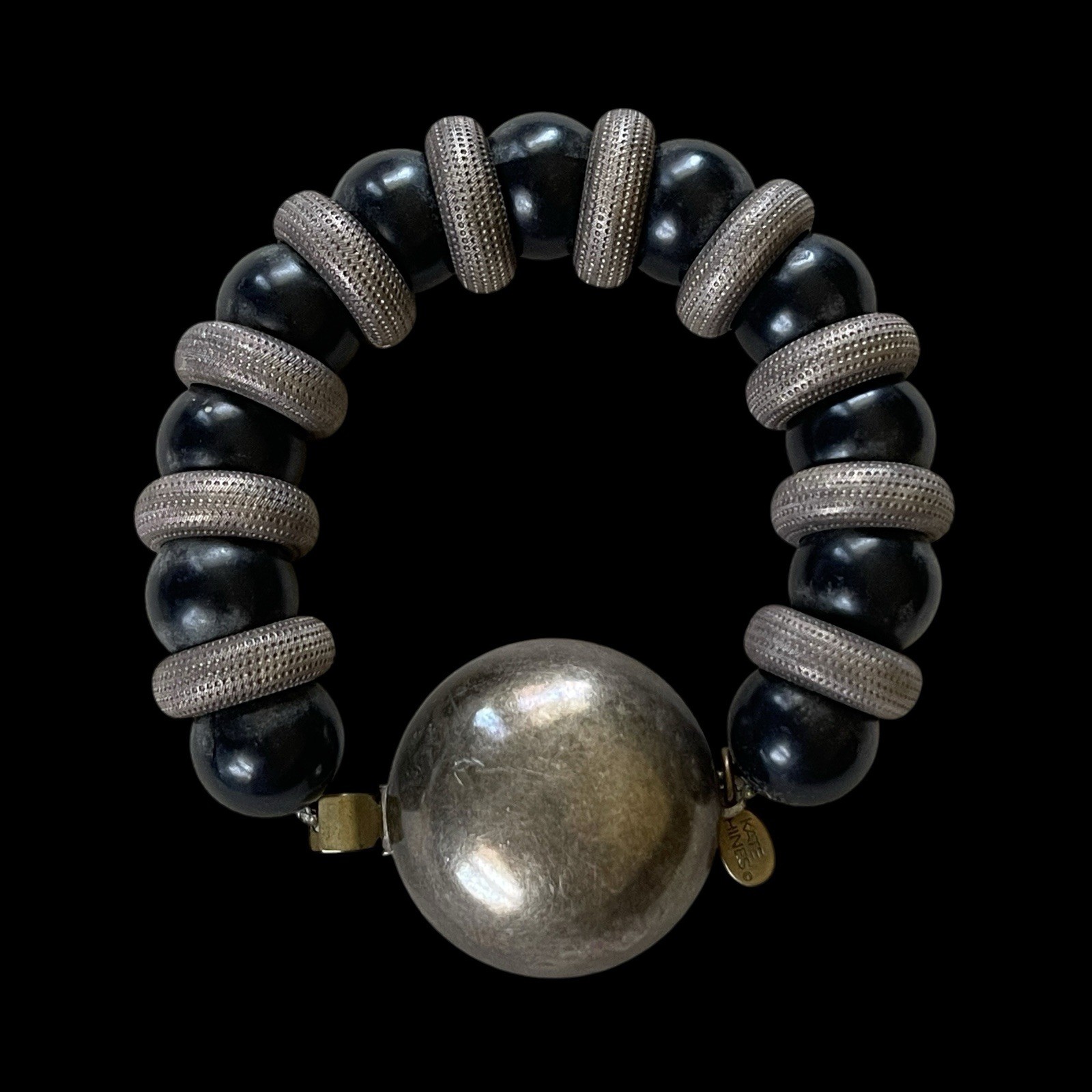 Kate Hines Signed Wood Metal Bead Bracelet Black Silver Chunky Statement 8.5″