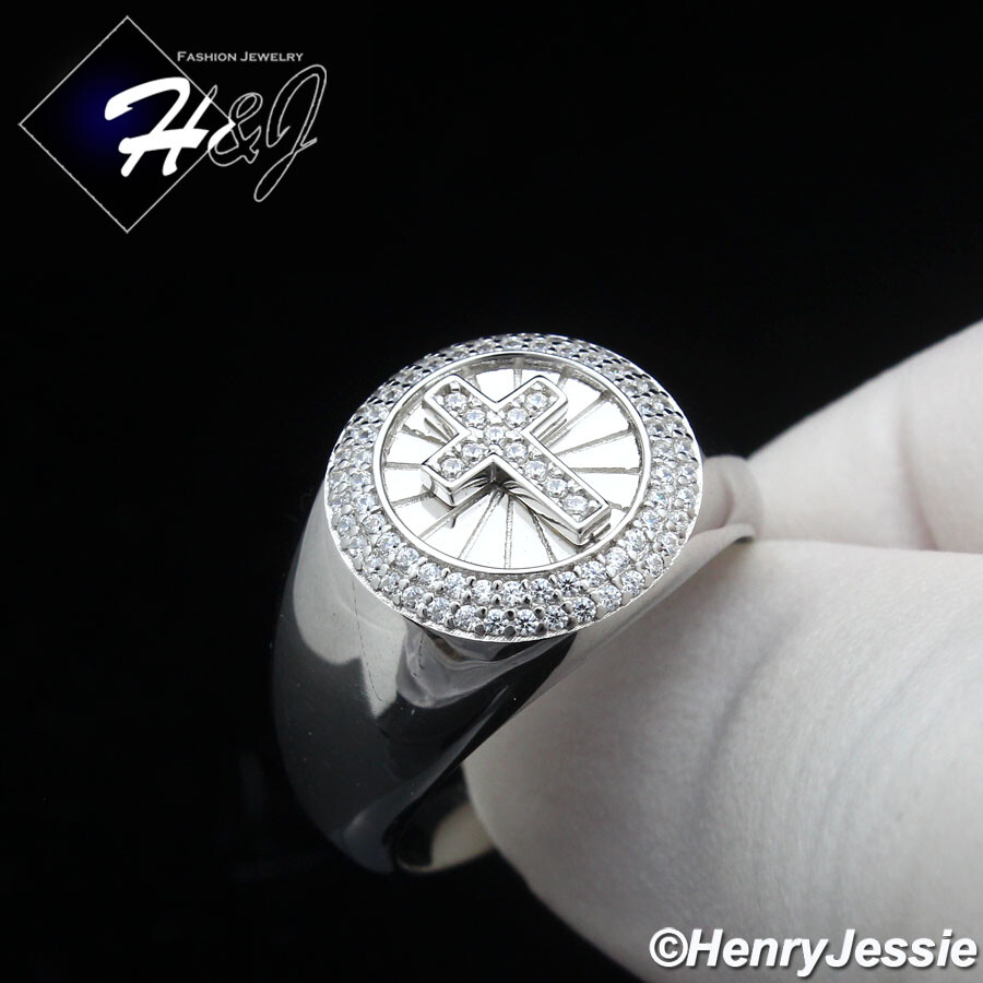 MEN SOLID 925 STERLING SILVER ICY BLING CZ SILVER CROSS 15MM ROUND RING*SR196