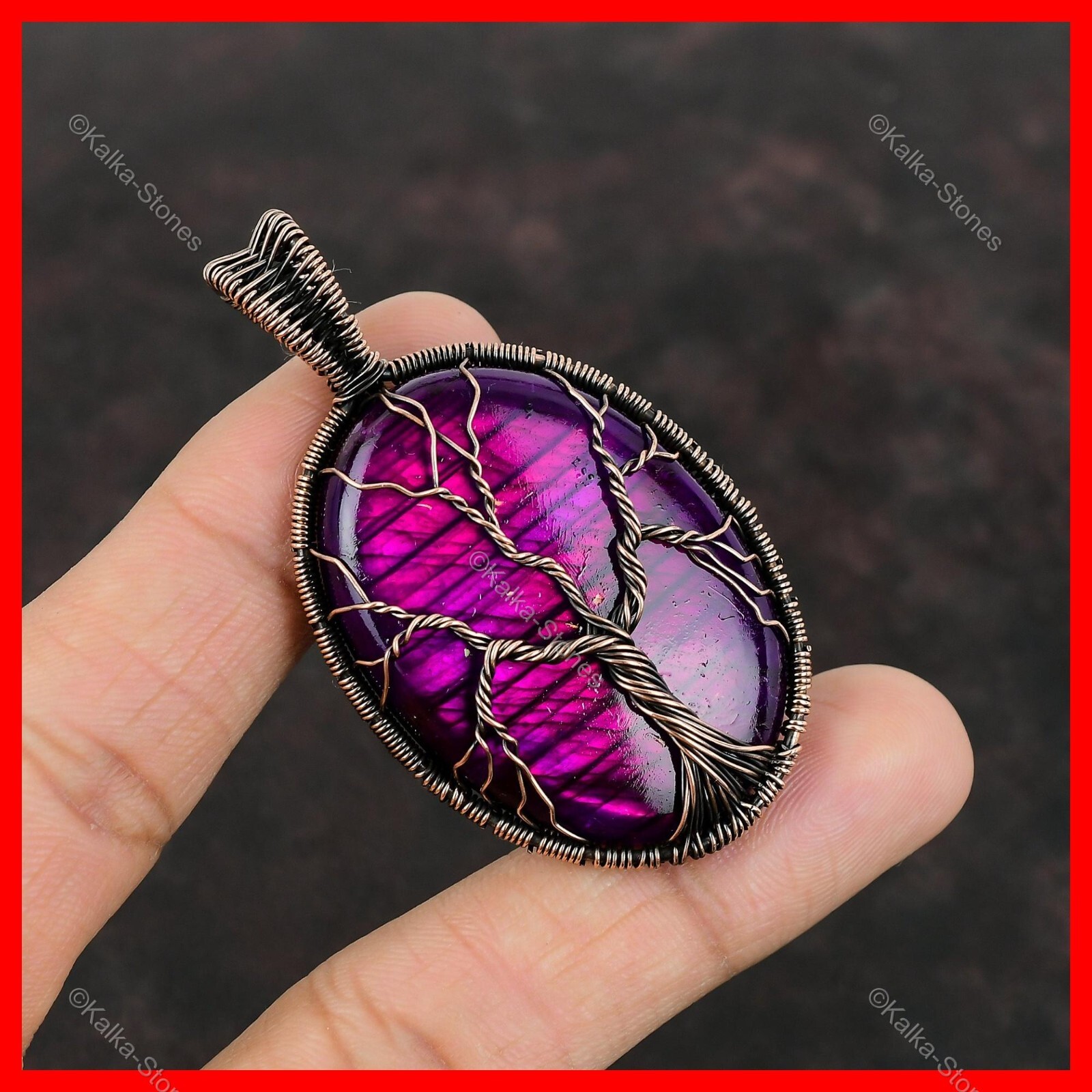 Pink Fire Labradorite Stone Tree Of Life And Wire Wrapped Pendant Jewelry Copper
