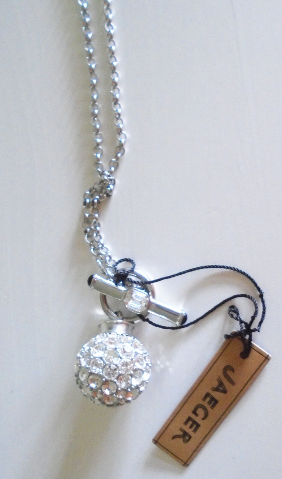 Jaeger Long Chain Fob Necklace diamante crystal silver-tone New Tags BNWT