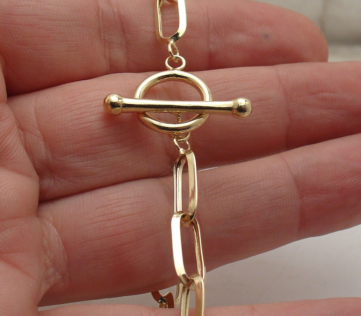 Technibond Oval Paper Clip Bracelet Toggle Clasp 14K Yellow Gold Plated Silver