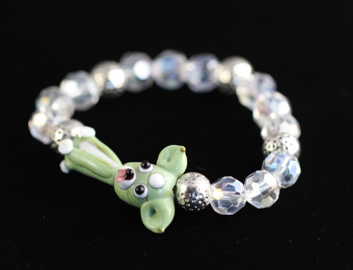 Dog Bracelet Green Lampwork 6.5″ inch Elastic Glass Beads Faceted Crystal Ball