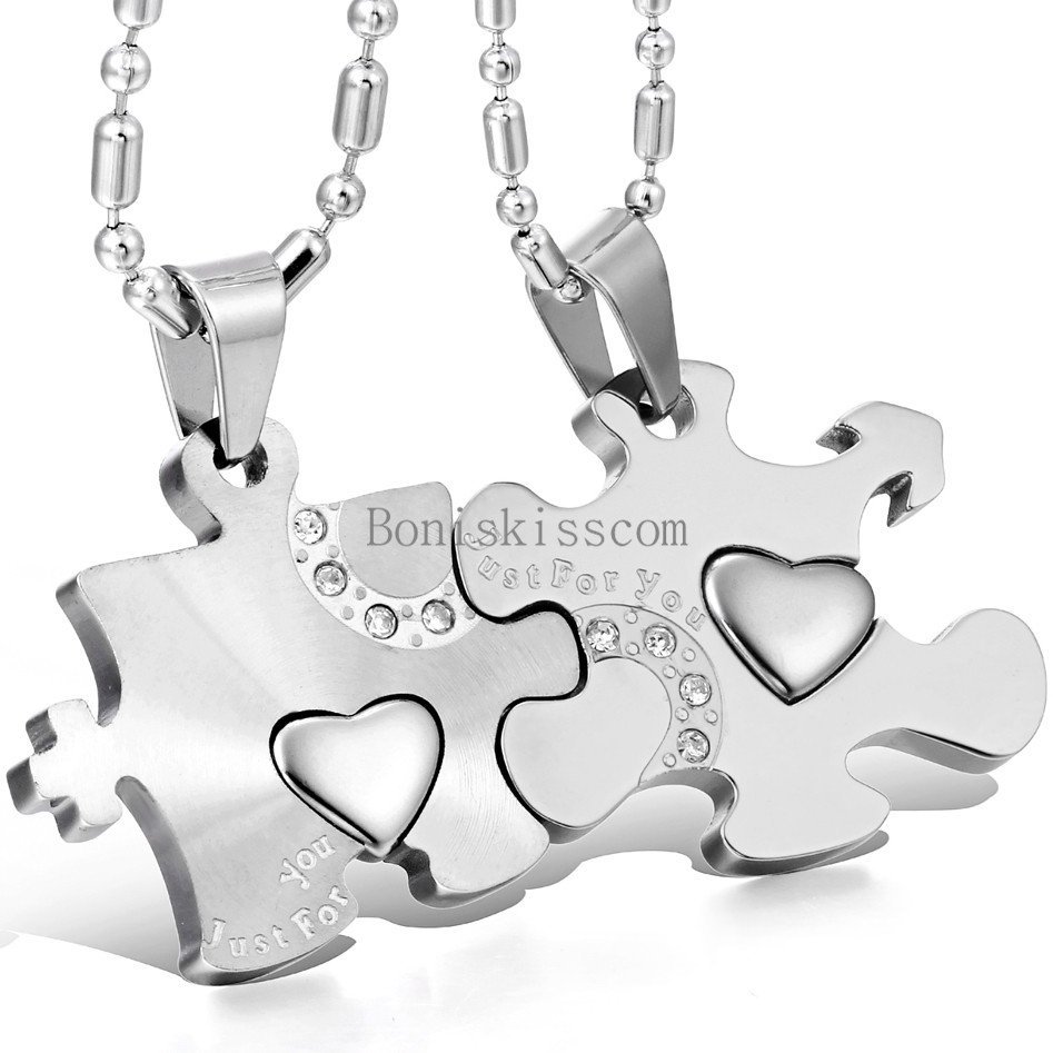 His and Hers Stainless Steel Love Heart Puzzle Pendant Couple Necklaces 1 Pair