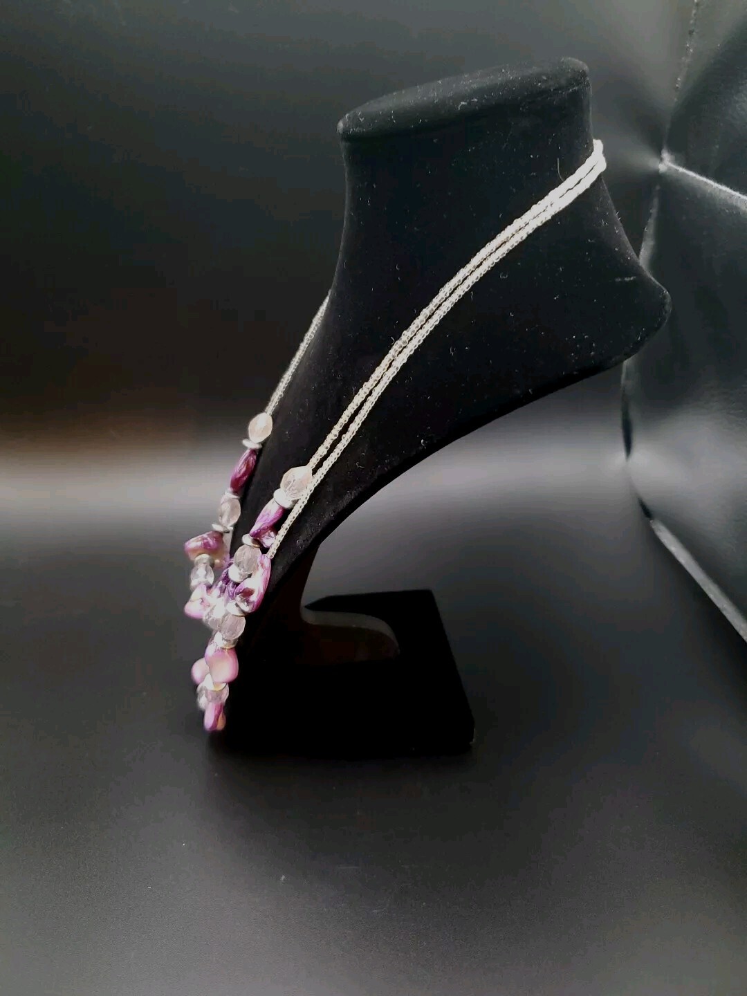 Double Stranded Purple Dyed Shell Necklace With Acrylic Accents & Metal Spacers