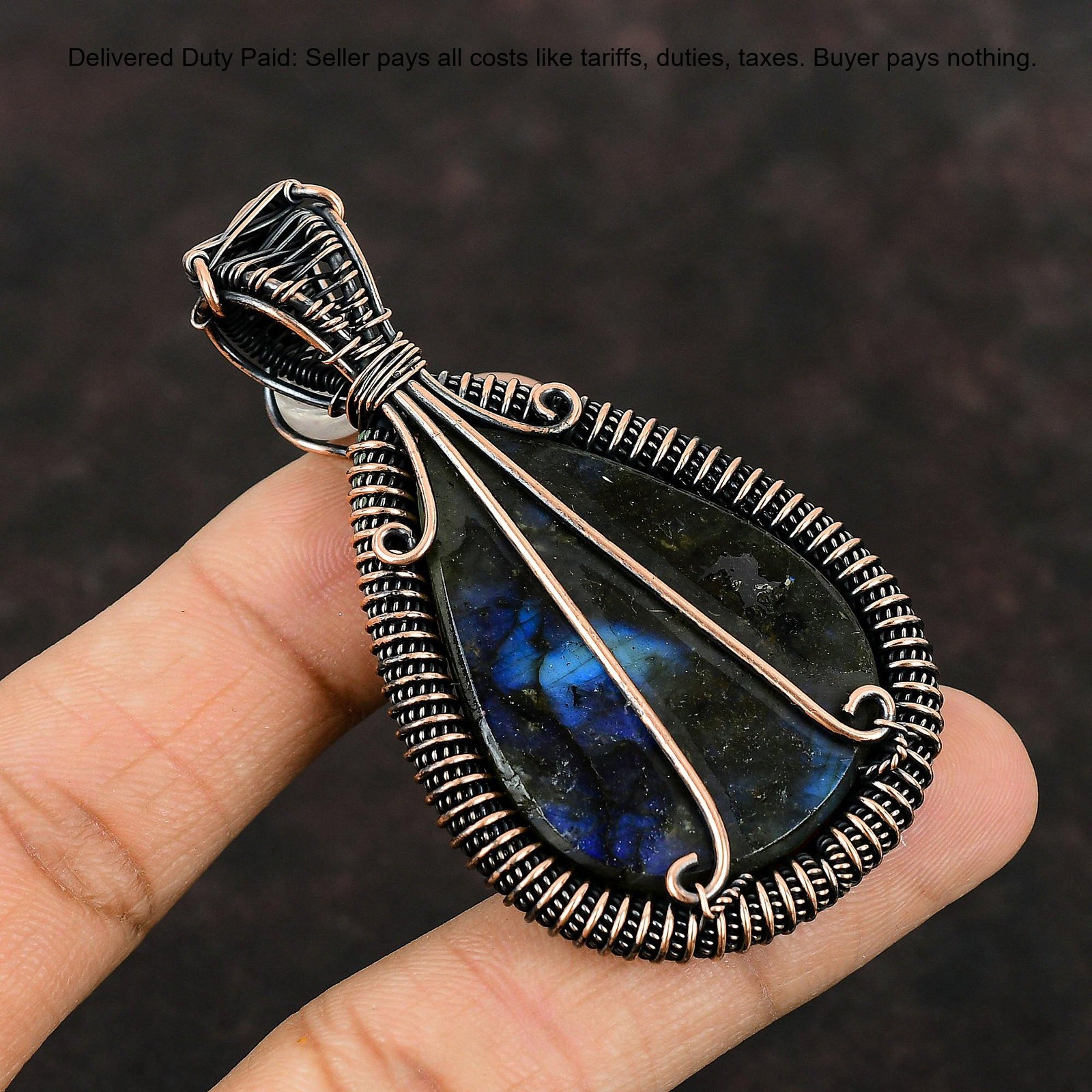 Copper Natural Labradorite Rainbow Moonstone Wire Wrapped Boho Pendant Jewelry