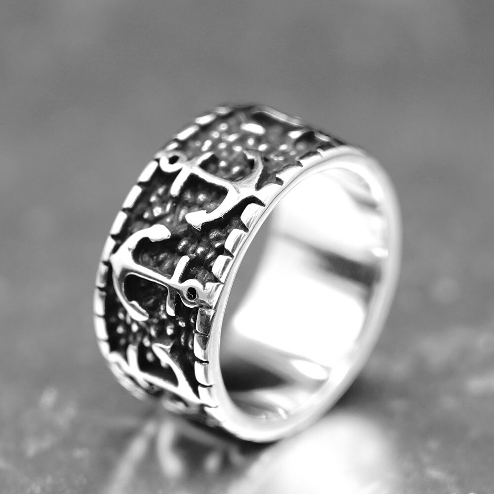 SMITH Mens Womens Nautical Marine Anchor Wide Band Ring For Men Women Size 6-14