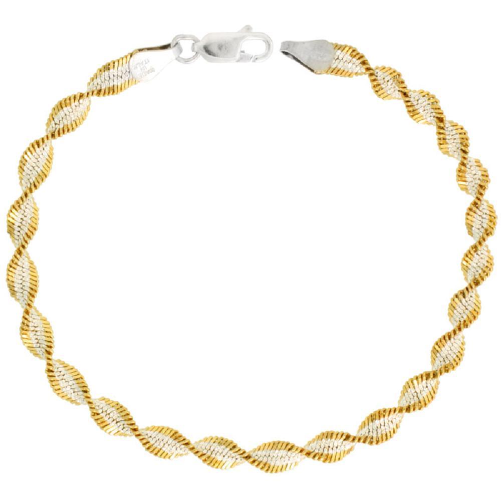 Sterling Silver 5mm Twisted Herringbone Chain Necklace, Two Tone Gold Finish