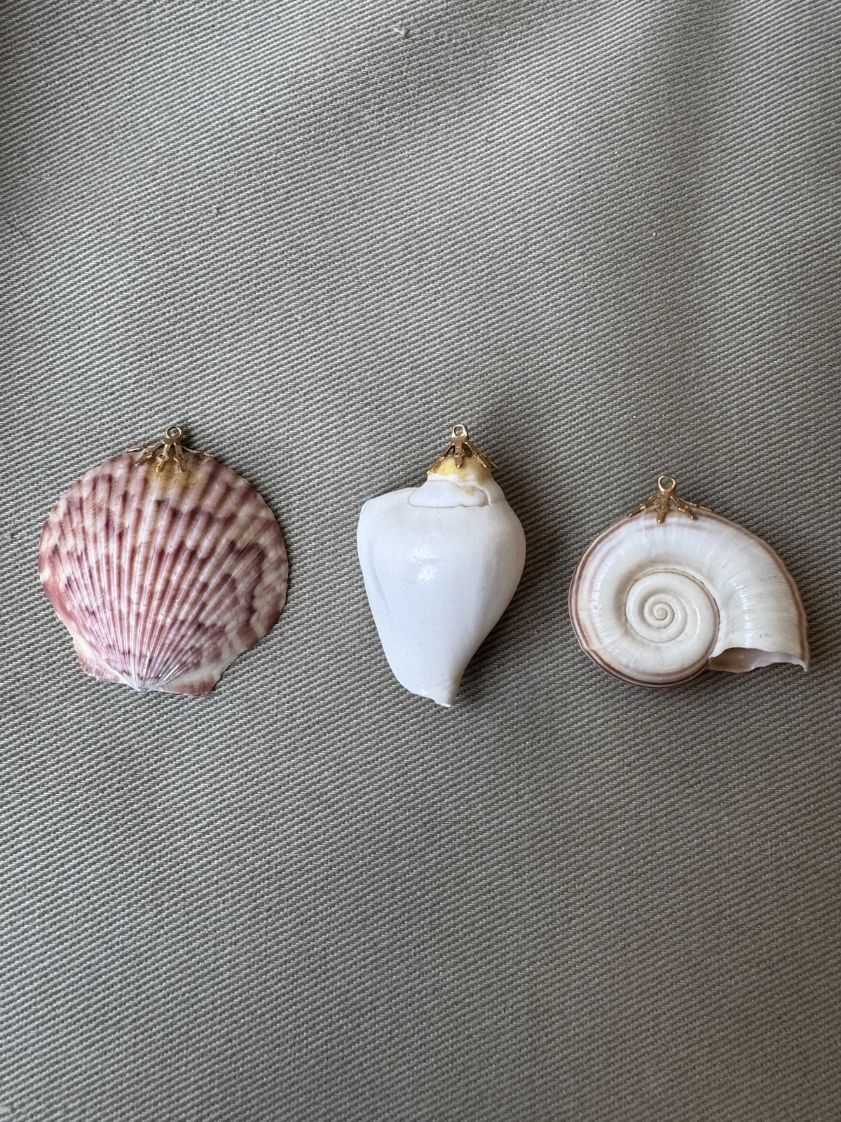 Vintage Lot of 3 Genuine Sea Shell Pendants with Gold Tone Metal Clasps