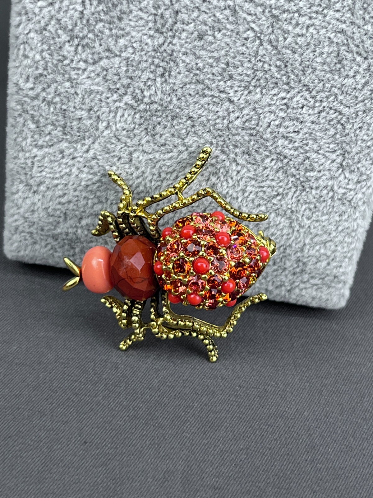 2 Joan Rivers Carnelian Spider & Faux Jade Just Do It Bee Brooches w/Crystals