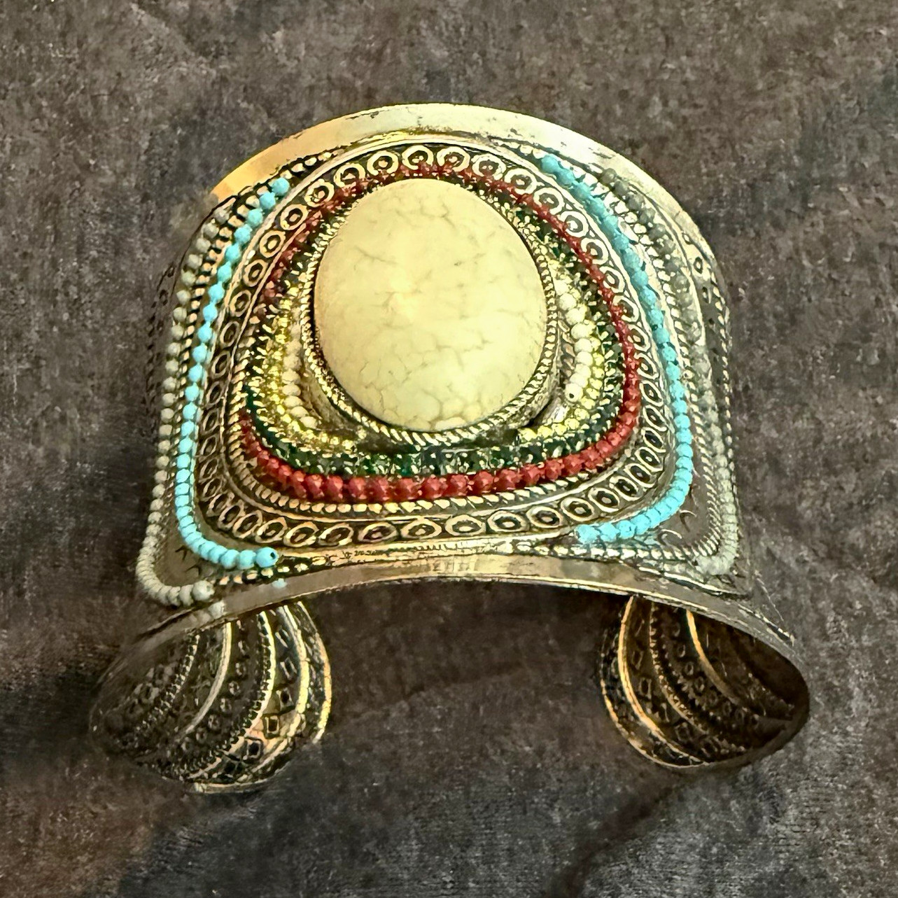 Silver Tone Wide Cuff Bracelet Oval White Cabochon Bezel Blue/Red Accents