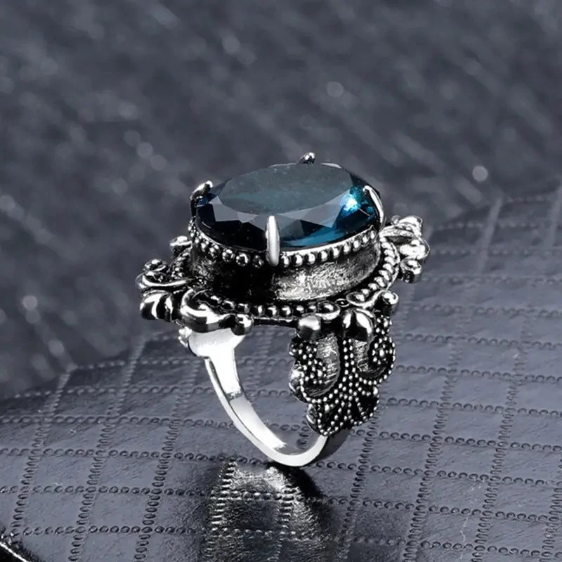 Vintage Oval Blue CZ Ring Women’s Retro Statement Party Jewelry