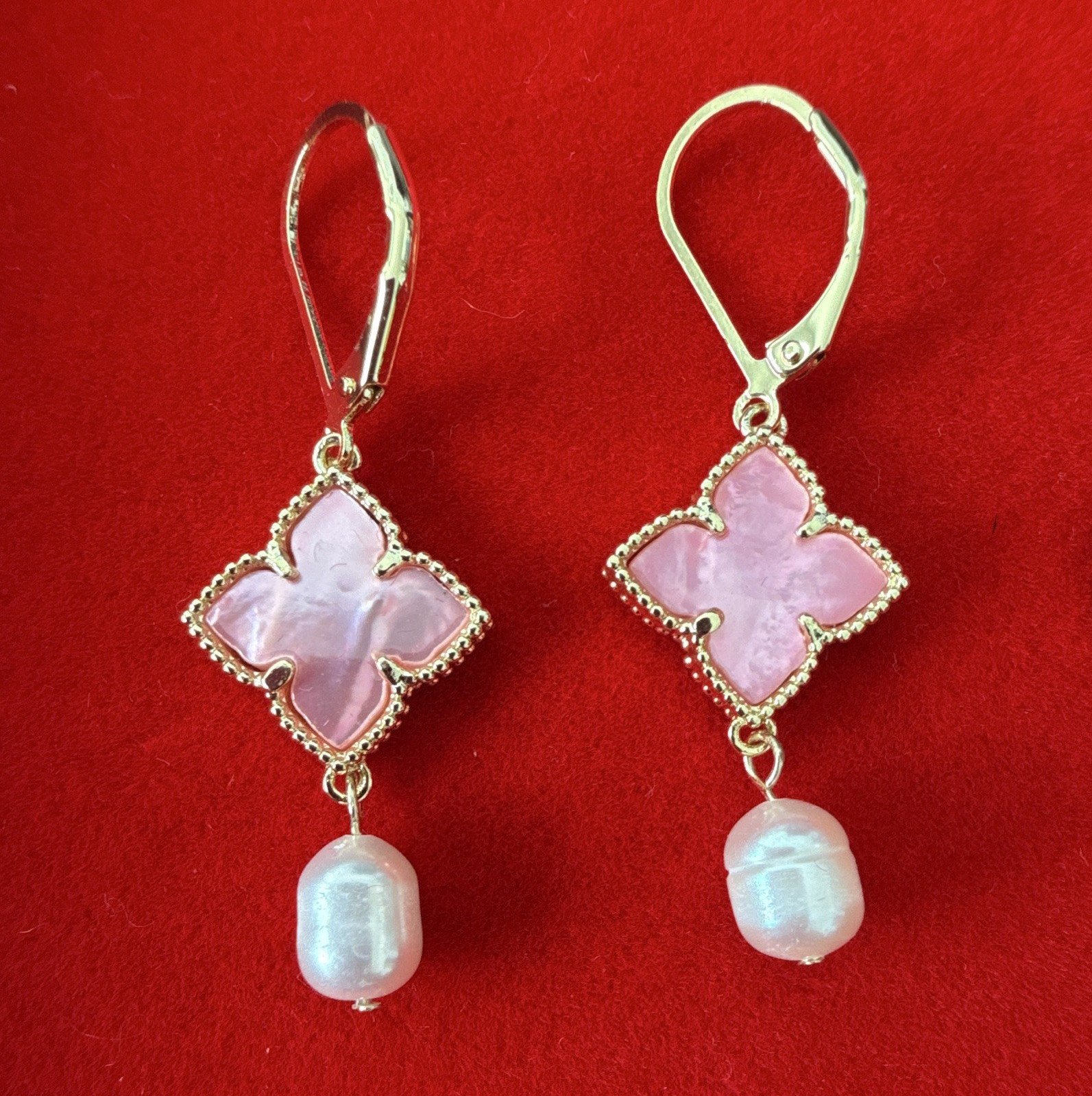 New Adornia Pink Mother of Pearl & Freshwater Pearl Gold Plated Drop Earrings