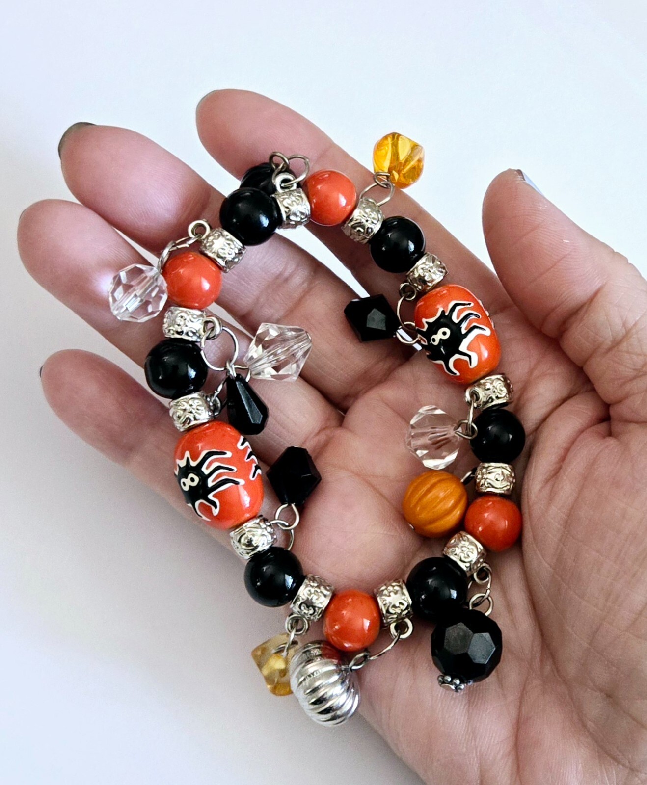 Halloween Bracelet Glass Beaded Stretch Bracelet Ghost Spooky Cat Bat Spooky 5