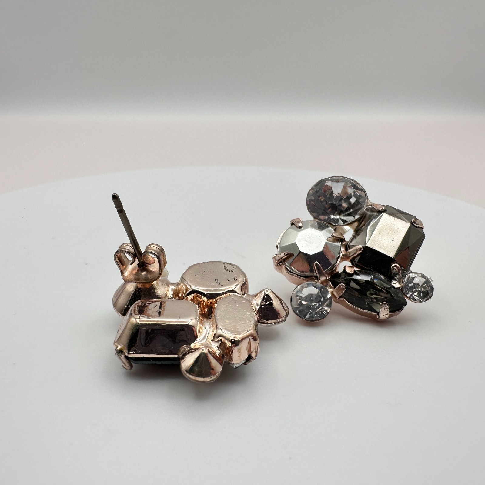 Vintage 80s Smoky Crystal Cluster Stud Earring Rose Gold Tone Statement Jewelry