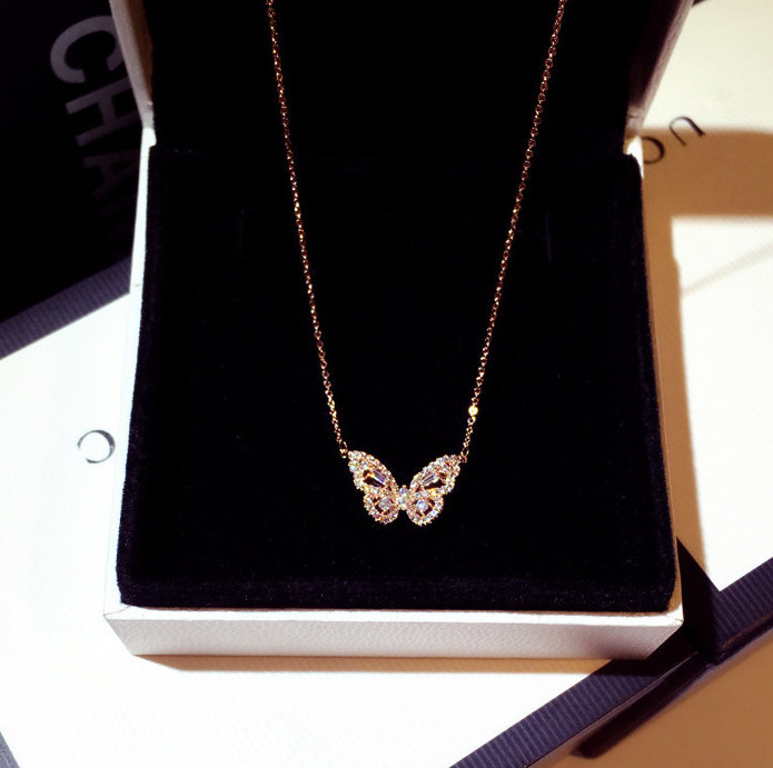 Rose gold Plated Sterling Silver Butterfly pendant chain necklace Gift Box PE50