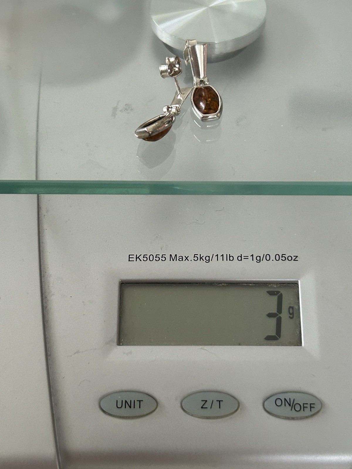 Silver Amber Oval Brown Stone Bezel Dangle Drop Earrings Pierced Back