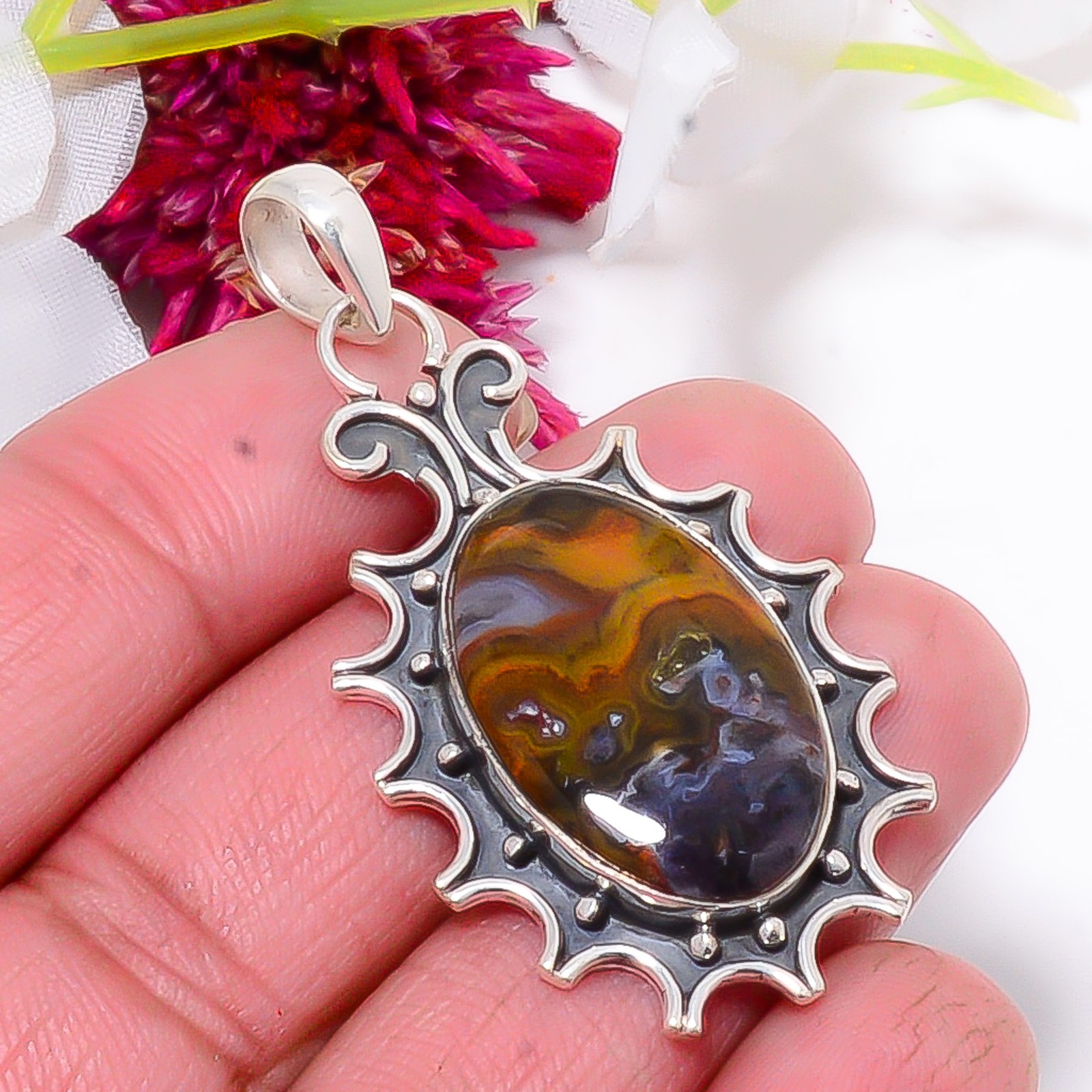 Turkish Stick Agate – Turkey Oxidised 925 Sterling Silver Pendant 1.95″ sku24