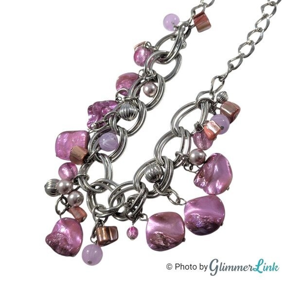 Silver Tone Bib Necklace with Pink Shell Chips Faux Pearls and Acrylic Beads