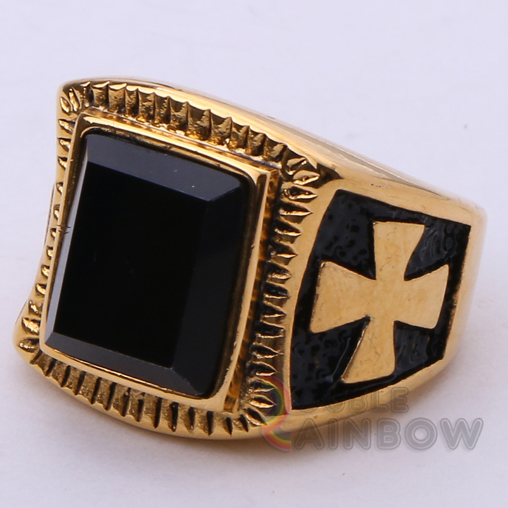 R3 Men’ Stainless Steel Onyx Gold Plated Ring Size 8-13