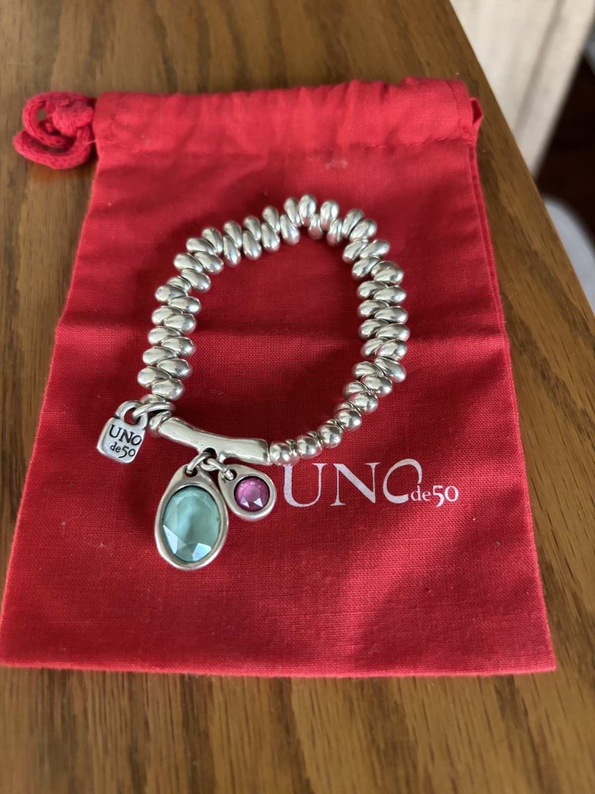 UNOde50 Signed Silver Tone Beaded Charm Bracelet Aqua Oval Stone Pink Stone