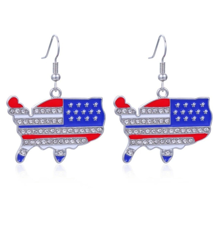 3x Red White Blue USA Patriotic Rhinestone Enamel Dangle Hook Earrings Crystal