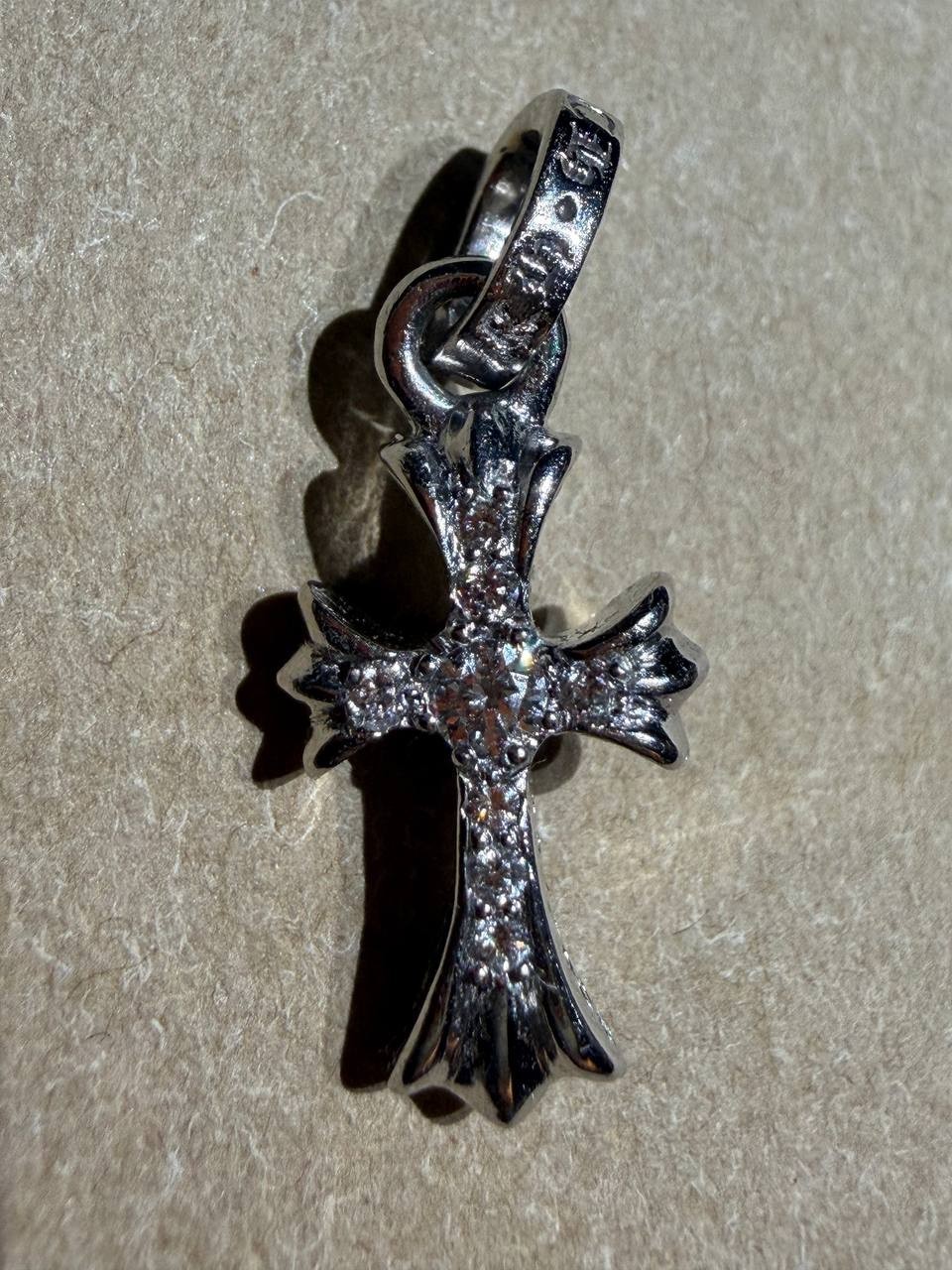 Chrome Hearts 18K White Gold Baby Fat Cross Pave Diamond Pendant