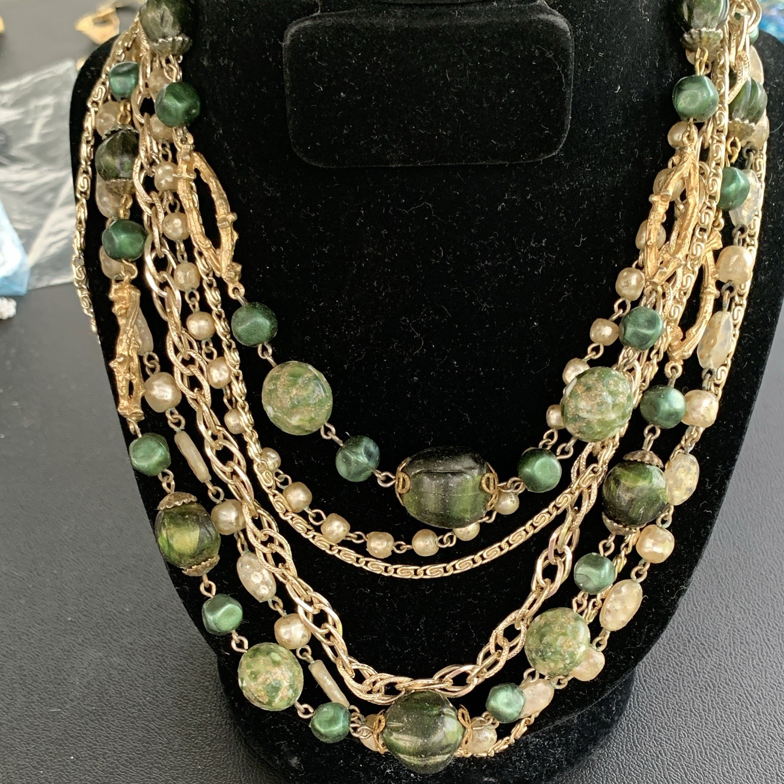 Gold Tone Layered Multi-Strand Green Round Bead Cable Chain Necklace Hook Adj