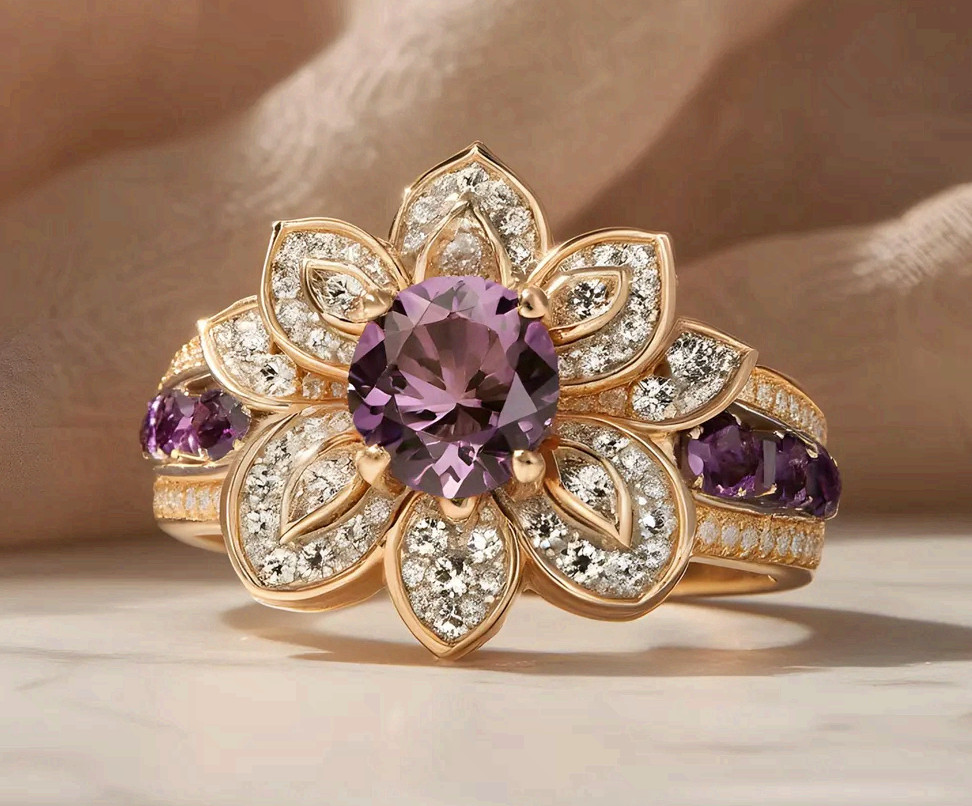 Copper Flower Statement Ring Purple CZ Fashion Cocktail Ring