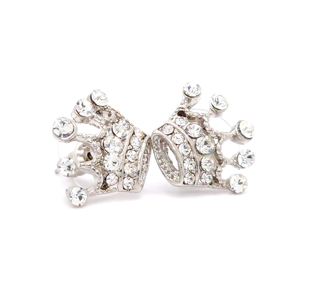 Sparkling Silver Tone Rhinestone Crown Stud Earrings Princess Style